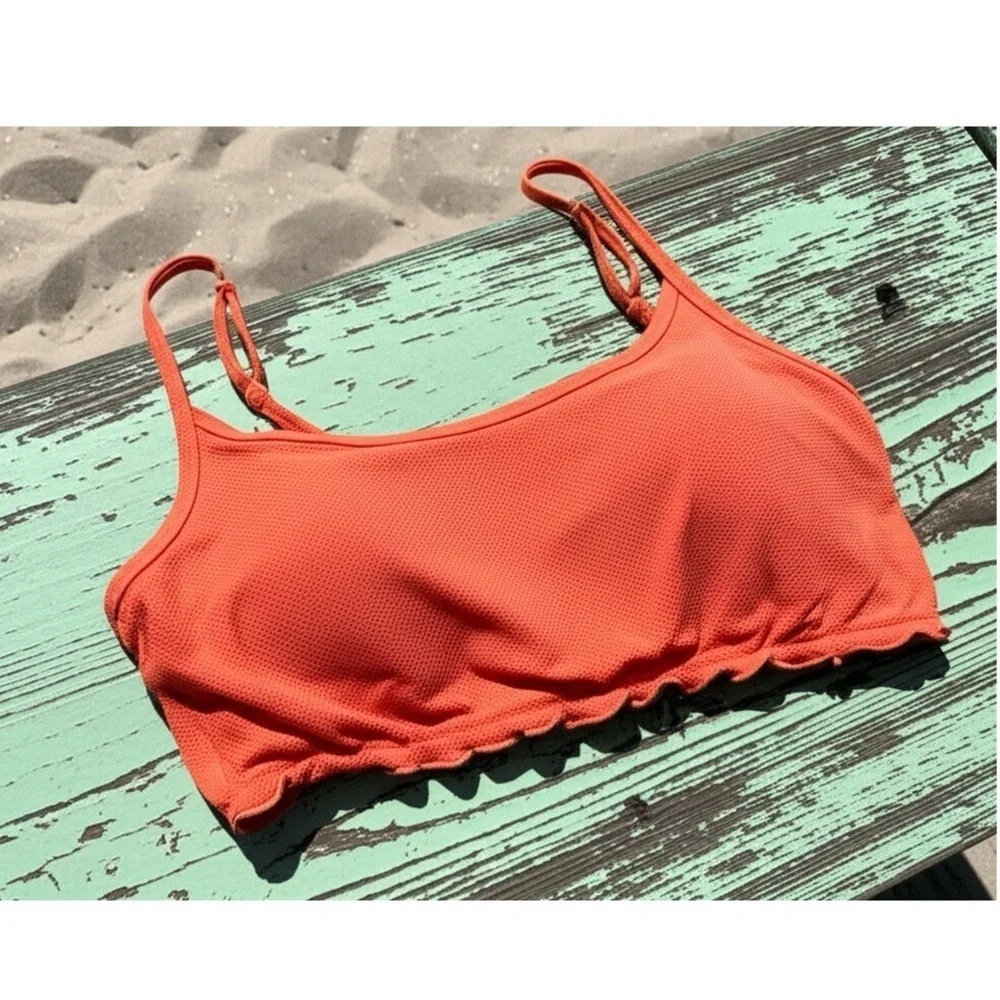 New Aerie Women’s Swimsuit Top Ribbed Lettuce Hem Size M Longline Bikini Orange